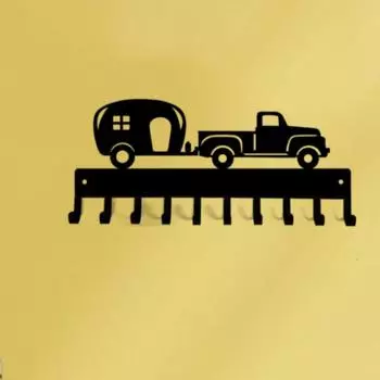 Винтажный Pick Up & Camper - Вешалка для ключей - XL 14,5 дюймов в ширину Металлическая настенная картина Четырнадцать точек Винтажный Pickup Camper Вешалка для ключей чёрный