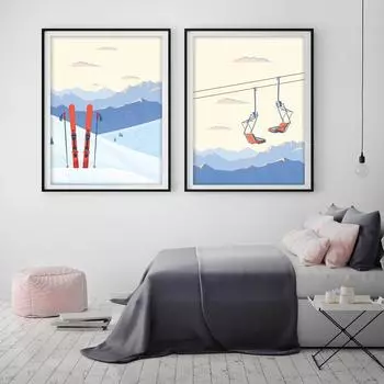 Винтажный плакат для лыжного подъемника, Настенный декор для катания на лыжах, зимний горный пейзаж, холст, картина, принт, снежная панорама, изображение для гостиной 21x30cm No Framed белый