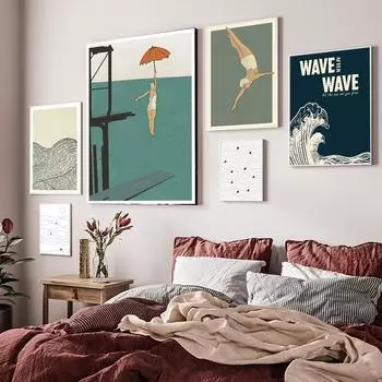 Винтажный плакат с изображением женщины-дайвера с зонтиком, морские волны, природа, серфер, морской пляж, абстрактная линия, холст, картина, настенный декор 21x30cm No Framed