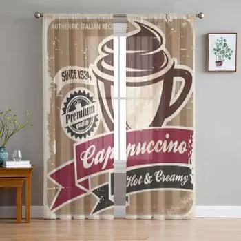 Винтажный плакат с капучино, кофейная чашка на старой бумаге, прозрачные шторы для гостиной, тюлевая оконная занавеска, занавеска для спальни, кухни 135W x 114H(cm)