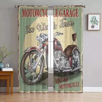 Винтажный плакат с мотоциклом в гараже, прозрачные шторы для гостиной, прозрачная тюль, оконная занавеска для спальни, кухни, вуаль, шторы 135W x 114H(cm)