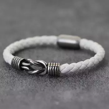Винтажный плетеный браслет из искусственной кожи в стиле панк для мужчин из нержавеющей стали, кожаный браслет-веревка, простой байкерский ювелирный подарок для него 20.5cm/8.07in белый