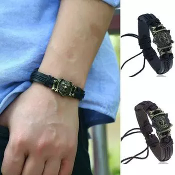 Винтажный плетеный кожаный браслет на руку из медно-цинкового сплава с имитацией головы волка, браслет из коровьей кожи, ювелирные изделия для мужчин и женщин чёрный