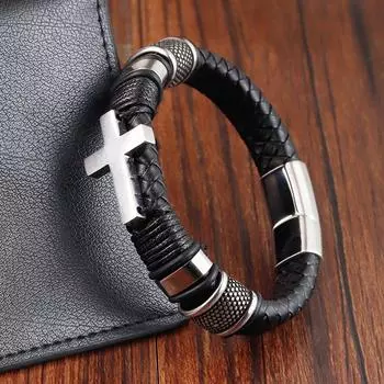 Винтажный плетеный крест из нержавеющей стали в стиле панк, персональный минималистичный кожаный браслет для мужчин, уличные украшения в стиле хип-хоп 21cm
