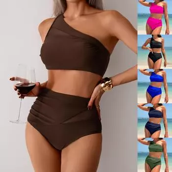 Винтажный пляжный купальник для отпуска на одно плечо, женский быстросохнущий раздельный сексуальный купальник-бикини с тонкой строчкой в различных цветах, пляжная одежда S темно-синий