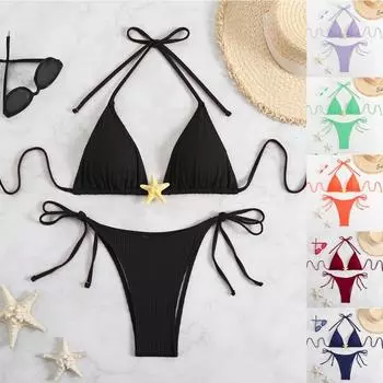 Винтажный пляжный отпускной купальник сексуальный бикини раздельный купальник женский модный треугольный купальник тонкая строчка в различных цветах пляжная одежда S