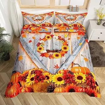 Винтажный пододеяльник с деревянной дверью, комплект постельного белья King Size, осенний комплект из 3 предметов с тыквой и кленовым листом для детей, девочек и мальчиков, покрывало с растительным узором EU Single(135x200cm)