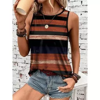 Винтажный полосатый принт женская майка летняя повседневная женская элегантная майка с круглым вырезом уличная мода женская майка без рукавов S