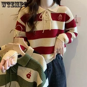 Винтажный полосатый свитер, дизайнерский свитер с напуском, женский топ с длинными рукавами и воротником-поло one size