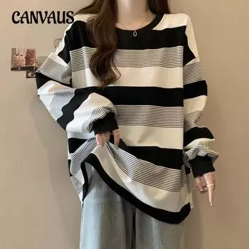 Винтажный полосатый свитшот женский большого размера осенний свободный топ
