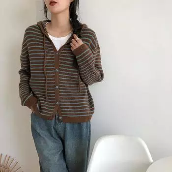 Винтажный полосатый вязаный кардиган с капюшоном, женский свитер осень-зима 2023, корейский высококачественный свитер с длинными рукавами, женские топы