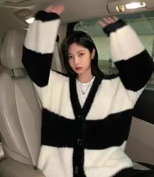 Винтажный полосатый вязаный кардиган, женский свитер большого размера в стиле Харадзюку, свободные повседневные универсальные топы в стиле ретро с v-образным вырезом High Street S чёрный