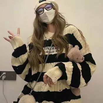 Винтажный полосатый вязаный свитер женский Harajuku Ретро джемпер с вышивкой букв модные свободные повседневные открытые топы Y2K S зелёный