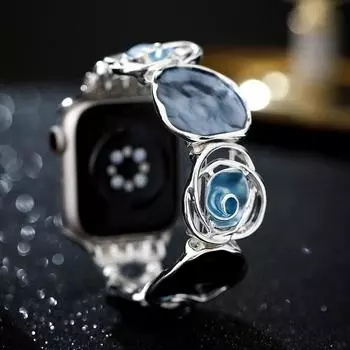 Винтажный полый браслет-резинка с розой для Apple Watch se 40 мм ремешок 42 44 45 49 38 41 мм цветочный металлический ремешок для iWatch 9 8 7 6 5 4 38mm 40mm 41mm синий