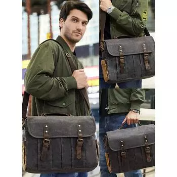 Винтажный портфель большой вместимости, водонепроницаемый вощеный холст и натуральная кожа, первый выбор мужчин для подарков, ручная работа с мультом чёрный