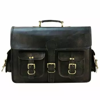 Винтажный портфель-сумка из мягкой кожи для ноутбука, сумка через плечо для мужчин 13 x 18 x 5 in чёрный