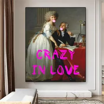 Винтажный постер «Безумный в любви» с принтом, забавный измененный художественный портрет, холст, картина, пара с розовой жевательной резинкой, розовые цитаты, Настенный декор 21cm30cm NoFrame