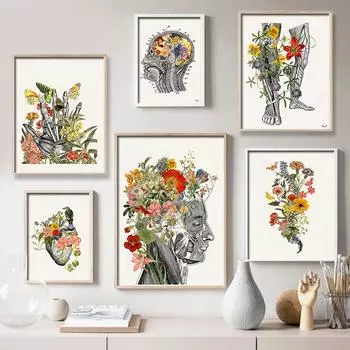 Винтажный постер с анатомией человека, ботанические, медицинские, цветочные органы, сердце, легкие, холст, художественная печать, настенная живопись, рождественские подарки 21x30cm No Framed