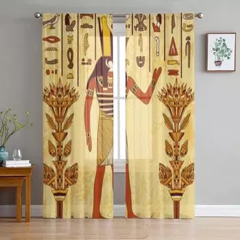 Винтажный постер с египетским богом на гранжевых прозрачных шторах для гостиной, тюлевая занавеска на окно, спальня, кухня, вуаль, шторы 135W x 114H(cm)