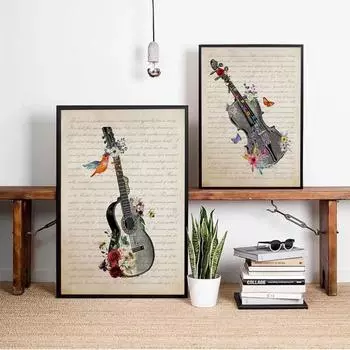 Винтажный постер с гитарой и цветком, художественная музыка, саксофон Корнетт, холст, картина, настенная печать, фотографии 21cm30cm NoFrame