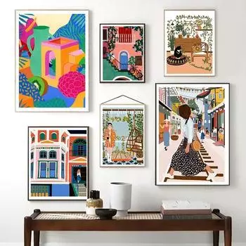 Винтажный постер с кошкой для девочек и принтом, скандинавский красочный лабиринт, холст, картина, настенная живопись для гостиной, уникальные фотографии для домашнего декора 21cm30cm NoFrame