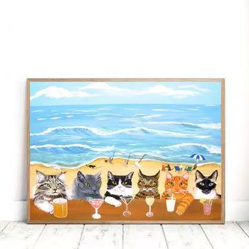 Винтажный постер с забавными котами на пляжном баре, холст с принтом, мультяшный домашний питомец, скандинавская настенная художественная картина, украшение для дома, живопись, подарок 21*30cm