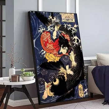 Винтажный постер Ukiyo-E E, японский самурайский монстр, художественный эстетический постер, настенная роспись для гостиной, украшение для дома, холст, живопись (с рамкой) 15*20cm(with frame)