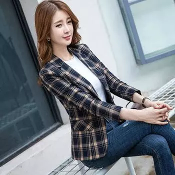 Винтажный повседневный клетчатый блейзер, женская модная офисная женская куртка на одной пуговице, куртка с зубчатым воротником и длинными рукавами S