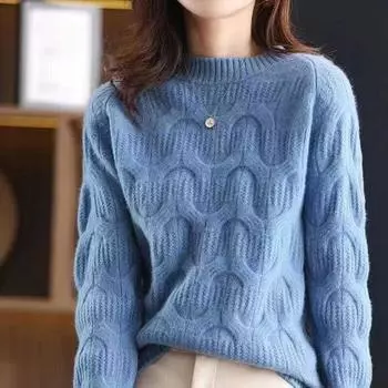 Винтажный повседневный осенний свитер с рукавами-фонариками для женщин, зимний новый свободный толстый свитер, вязаный свитер для женщин с круглым вырезом, элегантный мягкий теплый джемпер 25399 One Size розовый