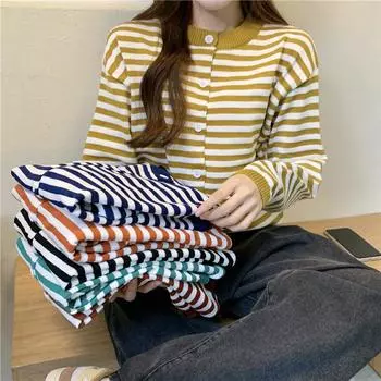 Винтажный повседневный полосатый вязаный кардиган свитер женский осень зима кардиган на пуговицах свободный свитер женский корейский свободный длинный рукав трикотажный топ one size зелёный