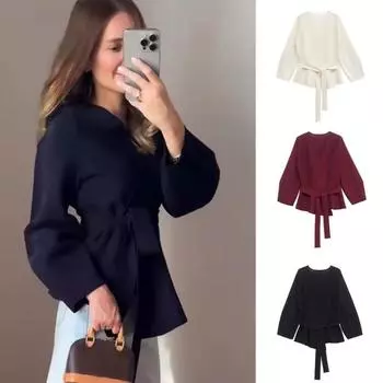 Винтажный повседневный вязаный кардиган на шнуровке для женщин, однотонный свитер с V-образным вырезом и длинным рукавом, модная весенняя удобная куртка S чёрный