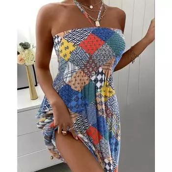 Винтажный принт без рукавов халтер вечернее мини-платье летние сексуальные Y2k облегающие уличные платья модный шик сборчатая эстетическая пляжная одежда XL жёлтый