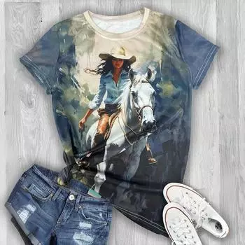 Винтажный принт «Девушка-ковбой», летние новые женские футболки, повседневные свободные футболки с короткими рукавами, женская одежда с рисунком маслом Sense, топы XS