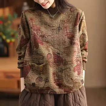 Винтажный принт хлопок лен женский свитшот модный пэчворк утолщенный свободные карманы литературный элегантный простой уютный женский пуловер one size жёлтый