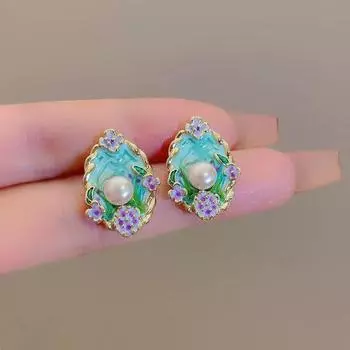 Винтажный принт Красочные серьги-пусеты Модные геометрические серьги-цветы для женщин Изысканные украшения для ушей с имитацией жемчуга золотой