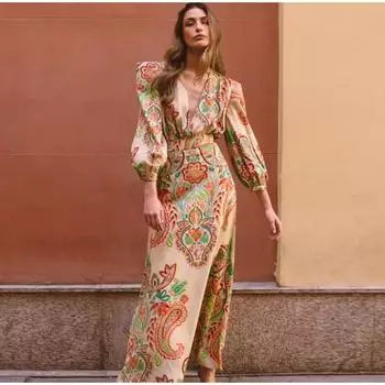 Винтажный принт плиссированные женские платья миди женское шикарное платье с V-образным вырезом и рукавами-фонариками с высокой талией А-силуэт женское платье осенний пляжный халат S