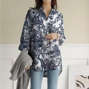 Винтажный принт Повседневная нестандартная рубашка с длинным рукавом Весна Осень Большие размеры Свободные Простые блузки Офисные женские воротник-стойка Модные элегантные топы 2879 S чёрный