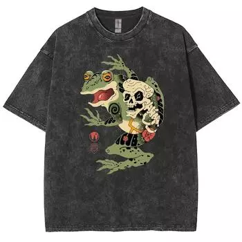 Винтажный принт с черепом лягушки, женская стираная футболка из хлопка, свободного покроя, со средним рукавом, унисекс, повседневный, забавный, модный топ S
