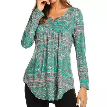 Винтажный принт с длинным рукавом для женщин, v-образный вырез, пуговицы, высокая талия, рубашка с длинными рукавами нестандартной формы, дышащий, легкий, мягкий, удобный рабочий топ M