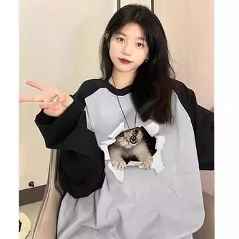 Винтажный принт с рисунком кота, футболки с длинным рукавом, осень, харадзюку, цветная строчка, женская повседневная футболка большого размера, топ Y2k, уличная одежда M