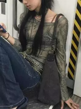 Винтажный принт Тонкий Y2k Эстетические футболки Женские с открытыми плечами Сексуальная уличная одежда Harajuku Топы Женский корейский модельер Повседневная одежда 2024 Новый S зелёный