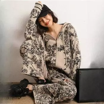 Винтажный принт трикотажные комплекты из 2 предметов для женщин повседневный трикотаж с капюшоном на молнии толстовки пальто Conjunto с высокой талией широкие брюки костюмы one size серый