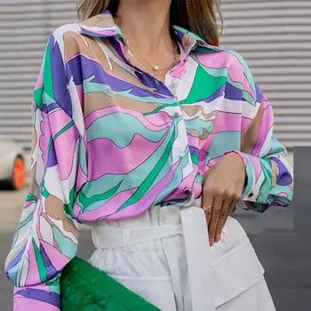 Винтажный принт Женские рубашки Блузка с отложным воротником и пуговицами Женская элегантная рубашка с длинным рукавом Офисные женские топы S