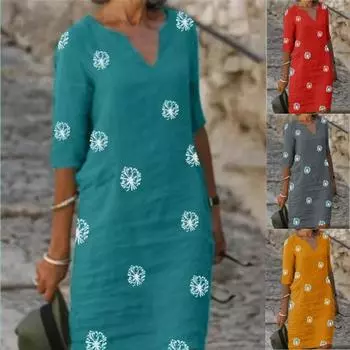 [Винтажный принт] Женское винтажное принтованное пэчворк-платье с маленьким V-образным вырезом и длинными рукавами M жёлтый