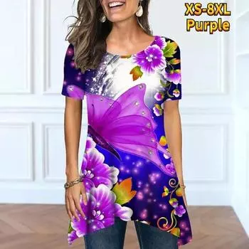 Винтажный пуловер с бабочкой и цифровым 3D принтом, женская футболка с коротким рукавом, новинка 2024 года, летний повседневный топ с круглым вырезом, модный повседневный топ M