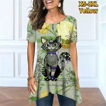 Винтажный пуловер, универсальный мультяшный кот, цифровая 3D печать, женская футболка с коротким рукавом, новый летний повседневный топ с круглым вырезом, модный повседневный топ 6XL