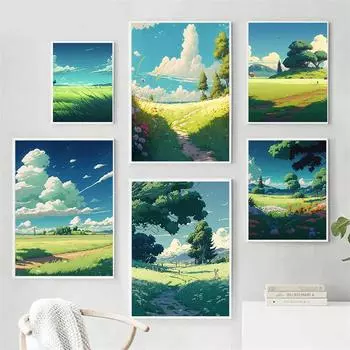 Винтажный японский полевой природный пейзажный постер, холст, картина, трава, облака, деревья, аниме, настенное искусство для современной гостиной, домашний декор 21x30cm No Frame
