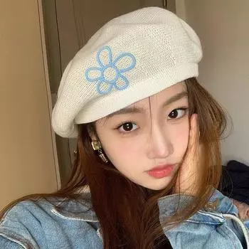 Винтажный японский вязаный берет с цветком для женщин, осенне-зимняя молочная шелковая дышащая шапка с тыквой для художника, купольная шапка-бини, стиль Ins 56-58cm зелёный