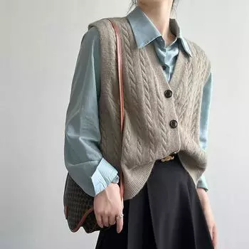 Винтажный японский жилет с v-образным вырезом, вязаный жилет, женский осенний новый шикарный дизайн, чувство внутреннего сложенного свитера без рукавов One size светло-серый