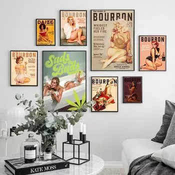 Винтажный рекламный постер с виски и принты для бара, сексуальный ретро Pinup Girl, настенная художественная картина, картина на холсте, украшение для кухни, ванной комнаты 21x30cm No Framed